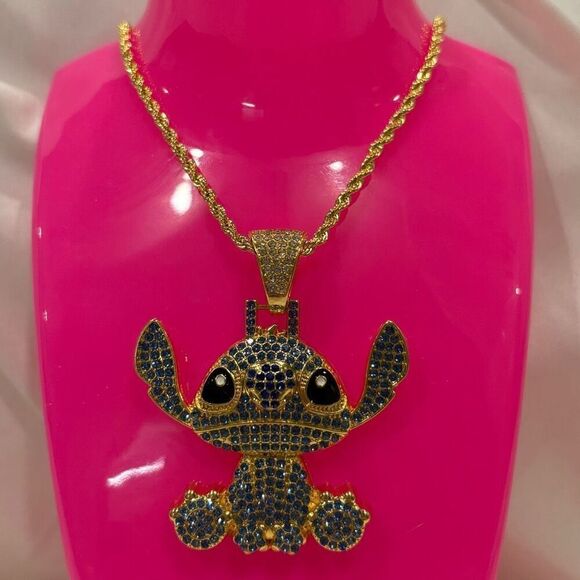 Disney Lilo & Stitch Large Stitch Rhinestone Pendant Gold-Tone Necklace NEW - Picture 1 of 6